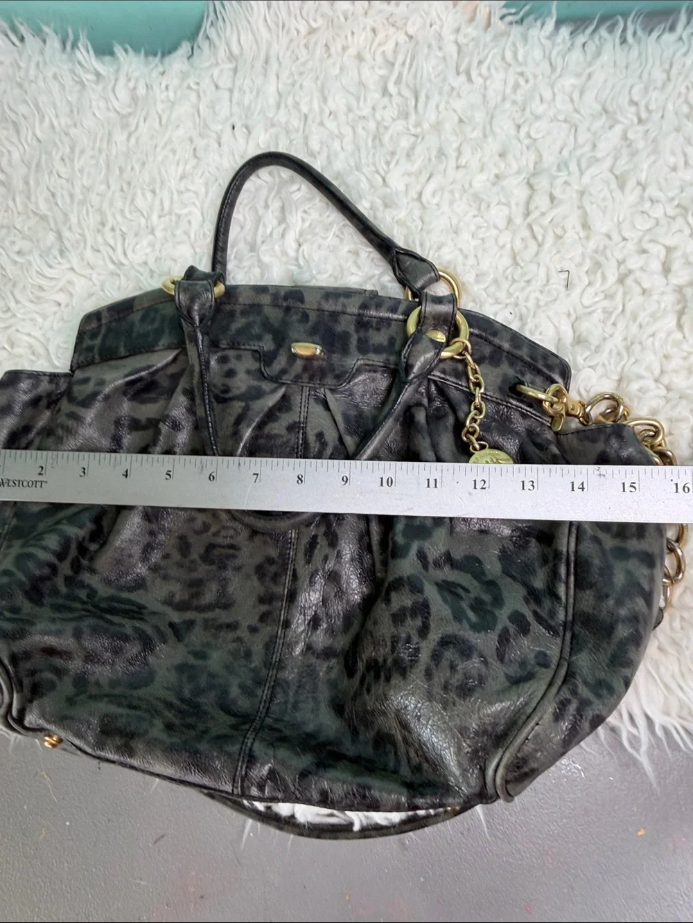 Brahmin Adore Charcoal Leopard-Print Leather Satchel with Gold Hardware